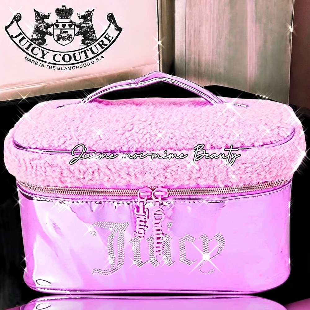 Juicy Couture METALLIC HOT PINK & SHERPA Cosmetic TRAIN CASE WITH BLING LOGO